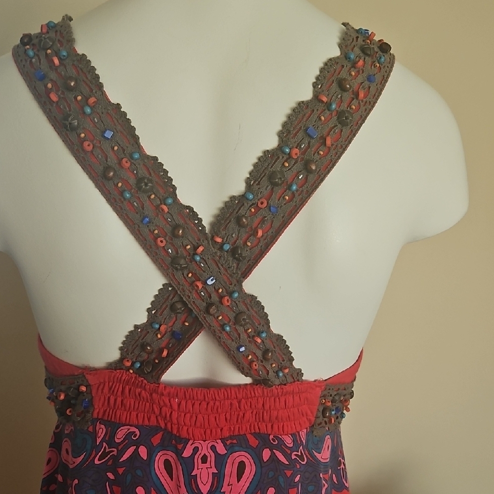 BEAUTIFUL FREE PEOPLE RED, PINK, AND BROWN BEADED TUNIC OR DRESS. NWOT. - Picture 9 of 16